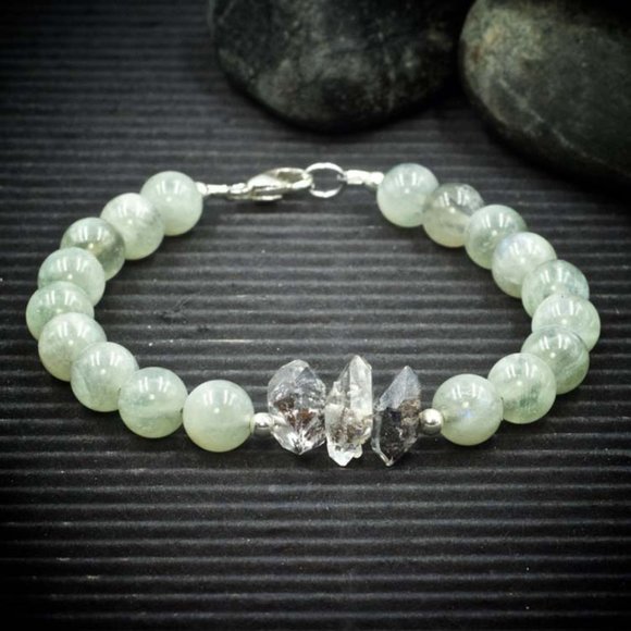 Siberian Moonstone and Herkimer Diamond Bracelet - Handmade to Order - Picture 1 of 2